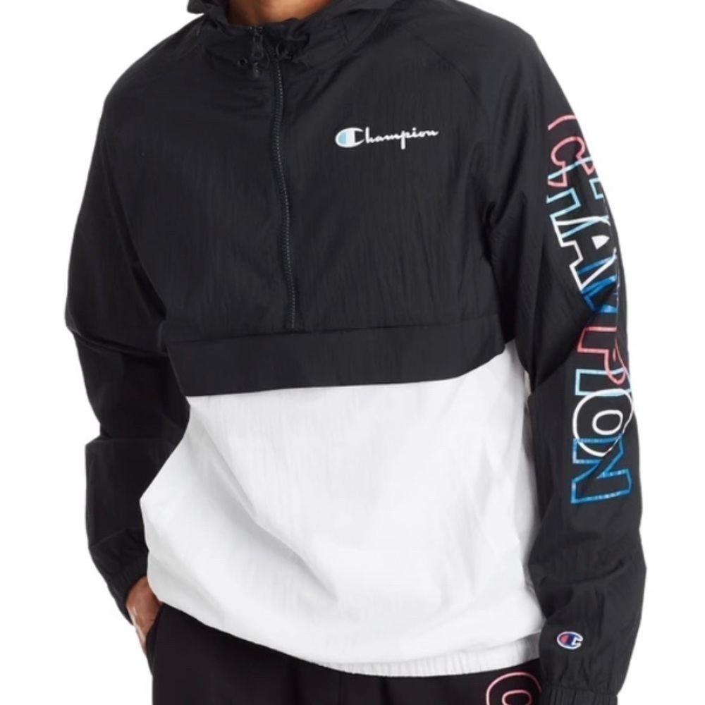 Champion Black, White & Colorful Logo Windbreaker Light Jacket Size Small - Picture 1 of 5